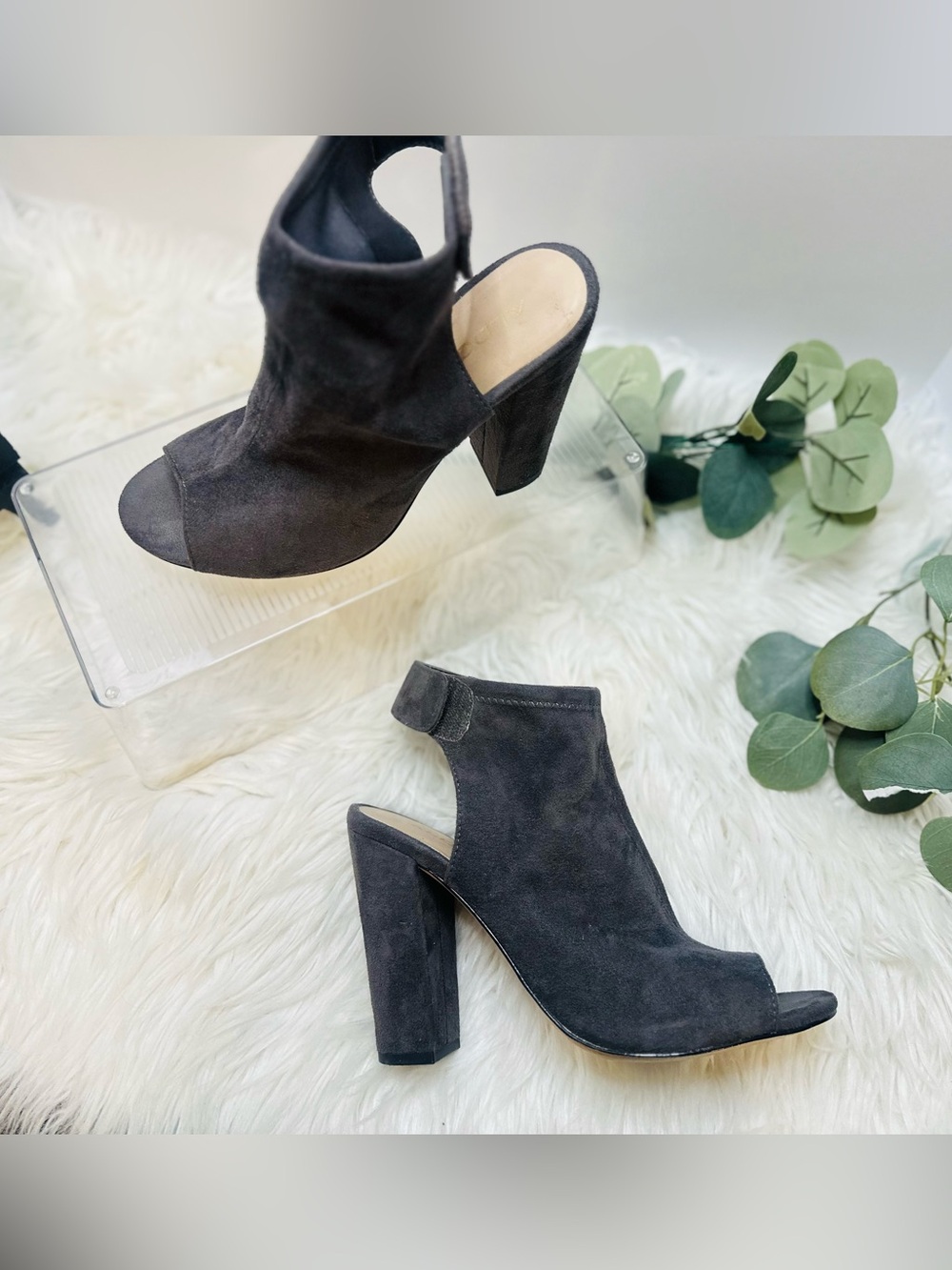 Aldo Gray Suede Peep-Toe• Trendy • Chunky Block Heel •Ankle Booties• Sandals •